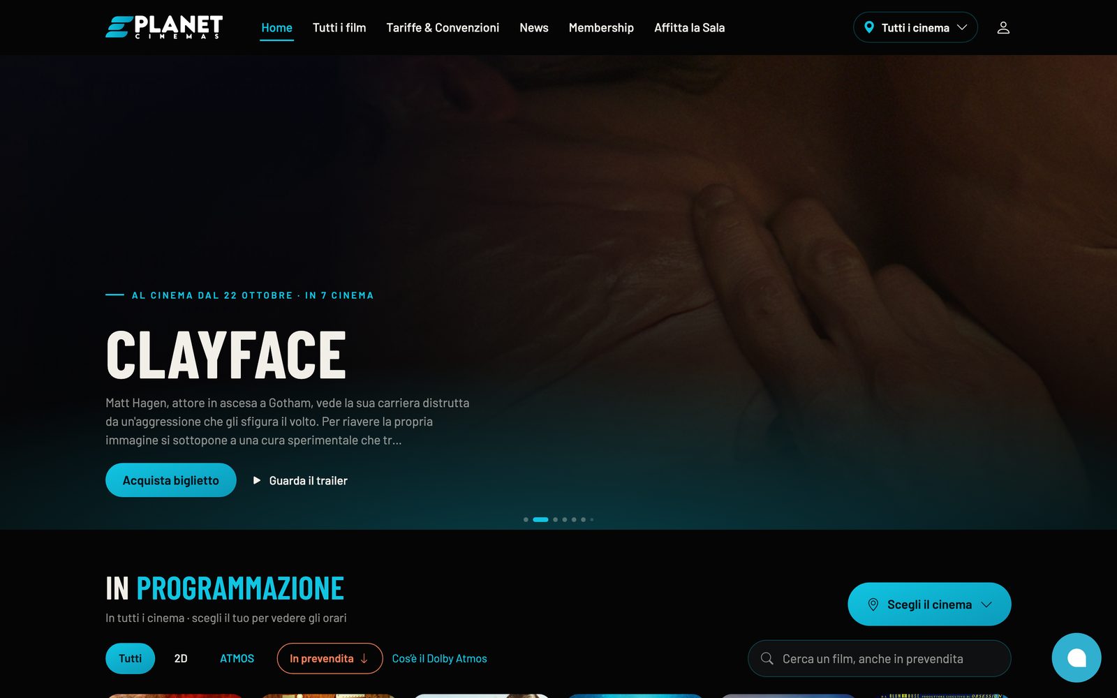 Home di eplanetcinemas.it con il film in evidenza e la programmazione